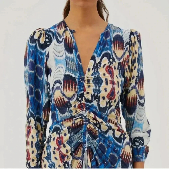 Mariacher Maria Cher Olite Rosario Silk Ruched Short Long Sleeve Mini Dress Blue - Picture 11 of 12